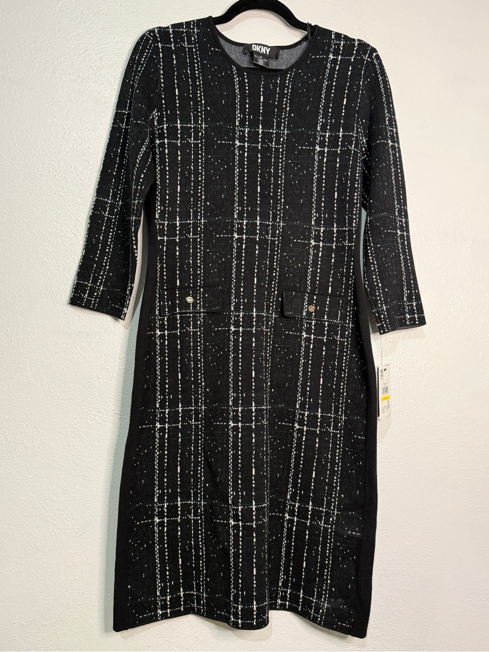 DKNY Black Plaid Knit Sheath Dress. Sz M. NWT. - Picture 2 of 12